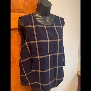 Women M navy blue flared top Plaid Square Blouse Sleeveless Keyhole Career Work.